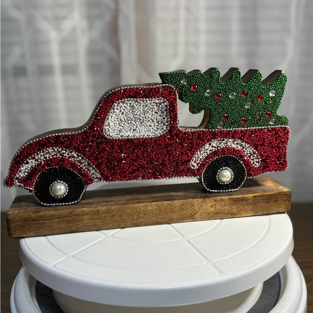 Festive Red Truck with Christmas Tree DecorHoliday Red Truck